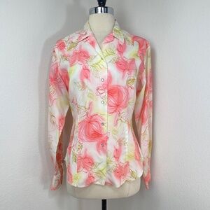 Vintage 70s Lasso Shirt Size 36 Pink Crepe Floral Pearlized Snap Front Western